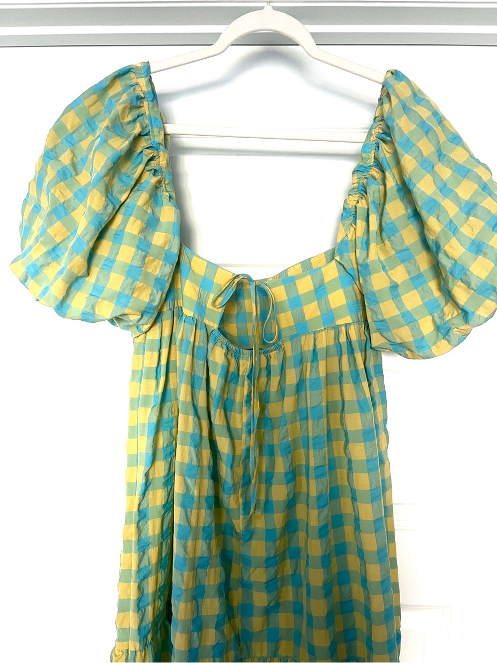 Zara Yellow & Teal Gingham Puff-Sleeve Maxi Dress - Picture 9 of 11